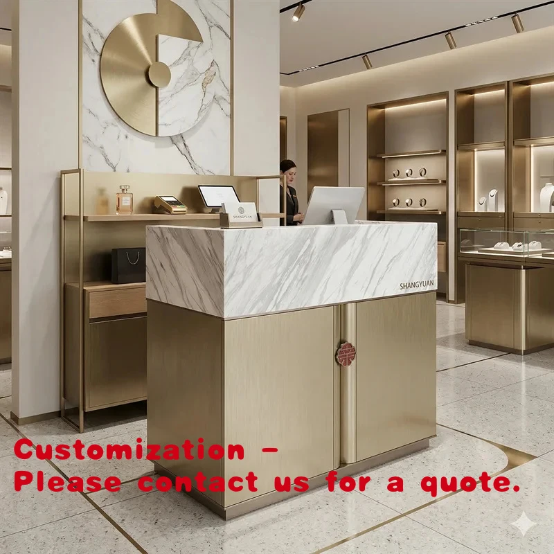 

Стол-витрина для ювелирных изделий с мраморной столешницей класса люкс, металлический, цвета шампанского золота, для элитного бутика, дизайн интерьера