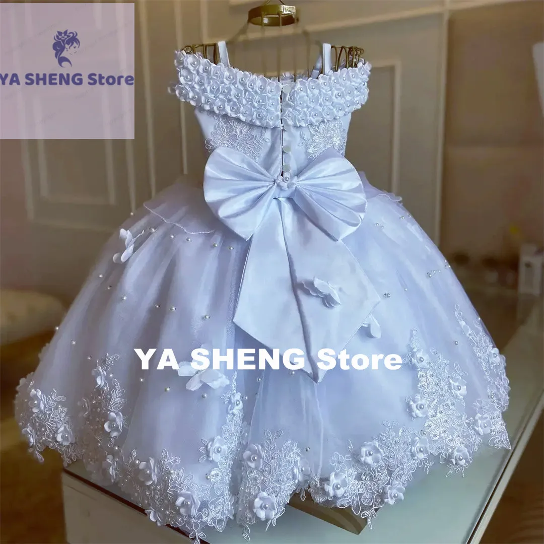 فستان بدون أكمام مع قوس للفتيات ، لؤلؤ أبيض ، فستان زهرة فتاة لحفل الزفاف ، فراشة ثلاثية الأبعاد ، حفلة عيد ميلاد ، فستان حفلة أميرة للكريسماس