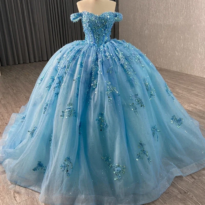 Angelsbridep-Vestido de baile azul celeste com tule glitter para mulheres, vestidos Quinceanera com apliques, vestido de festa, 2022