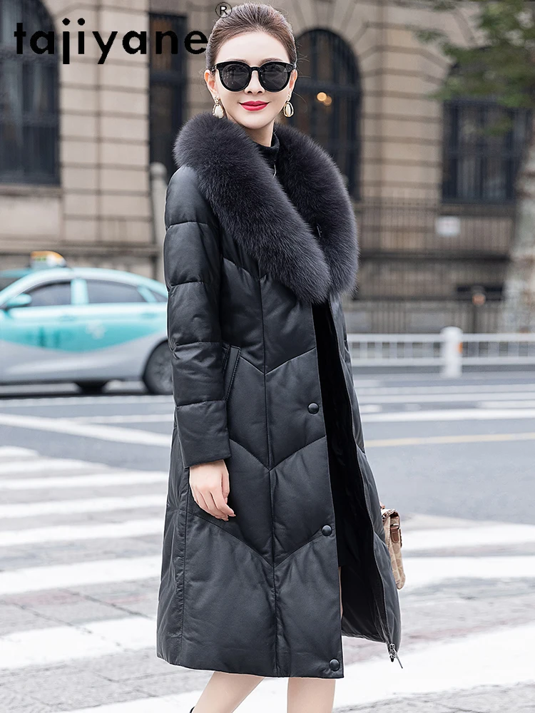 TAJIYANE Pufferjacke aus echtem Schaffell für Damen, Fuchspelzkragen, weißer Gänsedaunenmantel, echte Lederjacken, 2025, Damenbekleidung