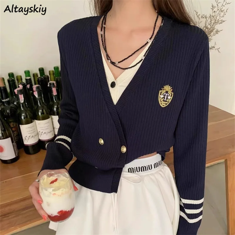 Cardigans Women Preppy Style Fake Two Pieces Embroidery Design Double Breasted Crop Fashion Age-reducing Knitwear Streetwear