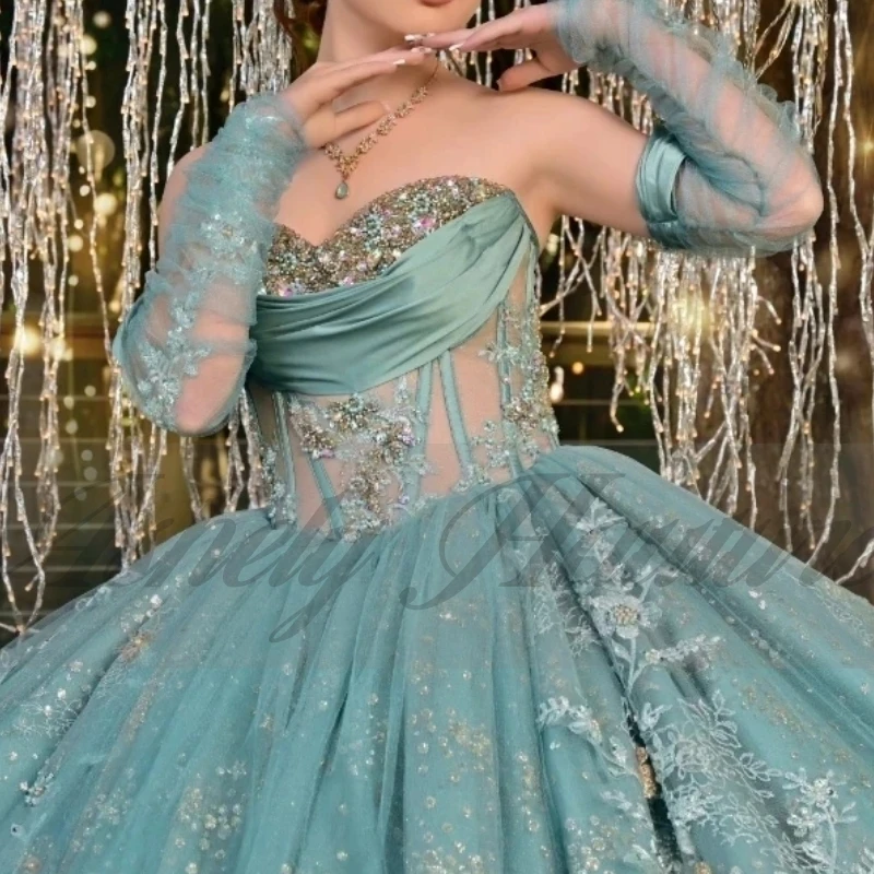 

Роскошные платья Quinceanera для девочек цвета морской волны, аппликация из бисера, бальное платье на шнуровке, женское платье для выпускного вечера, дня рождения, 15 16