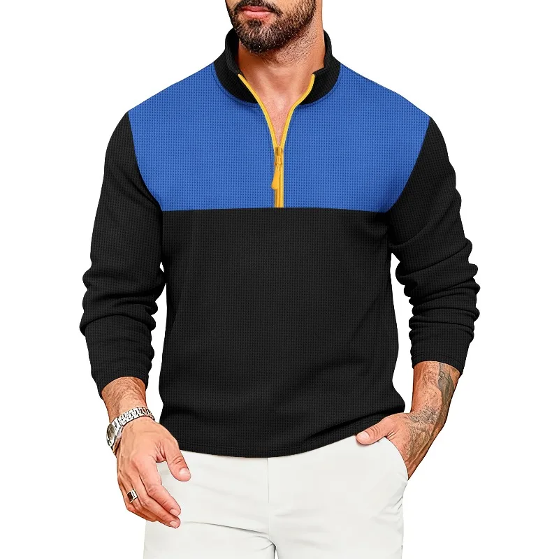 2025 Spring and Autumn New Waffle Men Trendy T-shirt Casual Sports Color Blocked Long Sleeve High Collar Half Zipper Top
