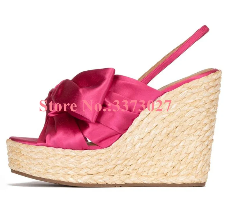 

Rose Red Satin Wedge Sandals Woman Fashion Butterfly-knot Platform Wedge Shoes New Style Large Size Dress Shoes Dropship