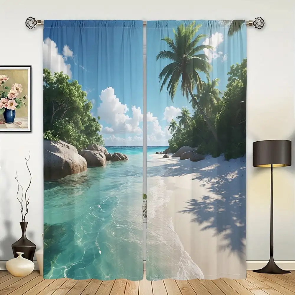 2pcs Curtains Peach Skin Polyester Vacation Style Ocean Beach Scenery Light Filtering Window Bedroom Living Room Home Decor