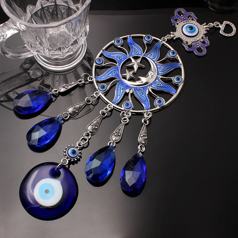 Blue Crystal Pendant Turkey Devil's Eye Pave Dream Net Stars Moon Large Charm Wall Hangings 1Pc