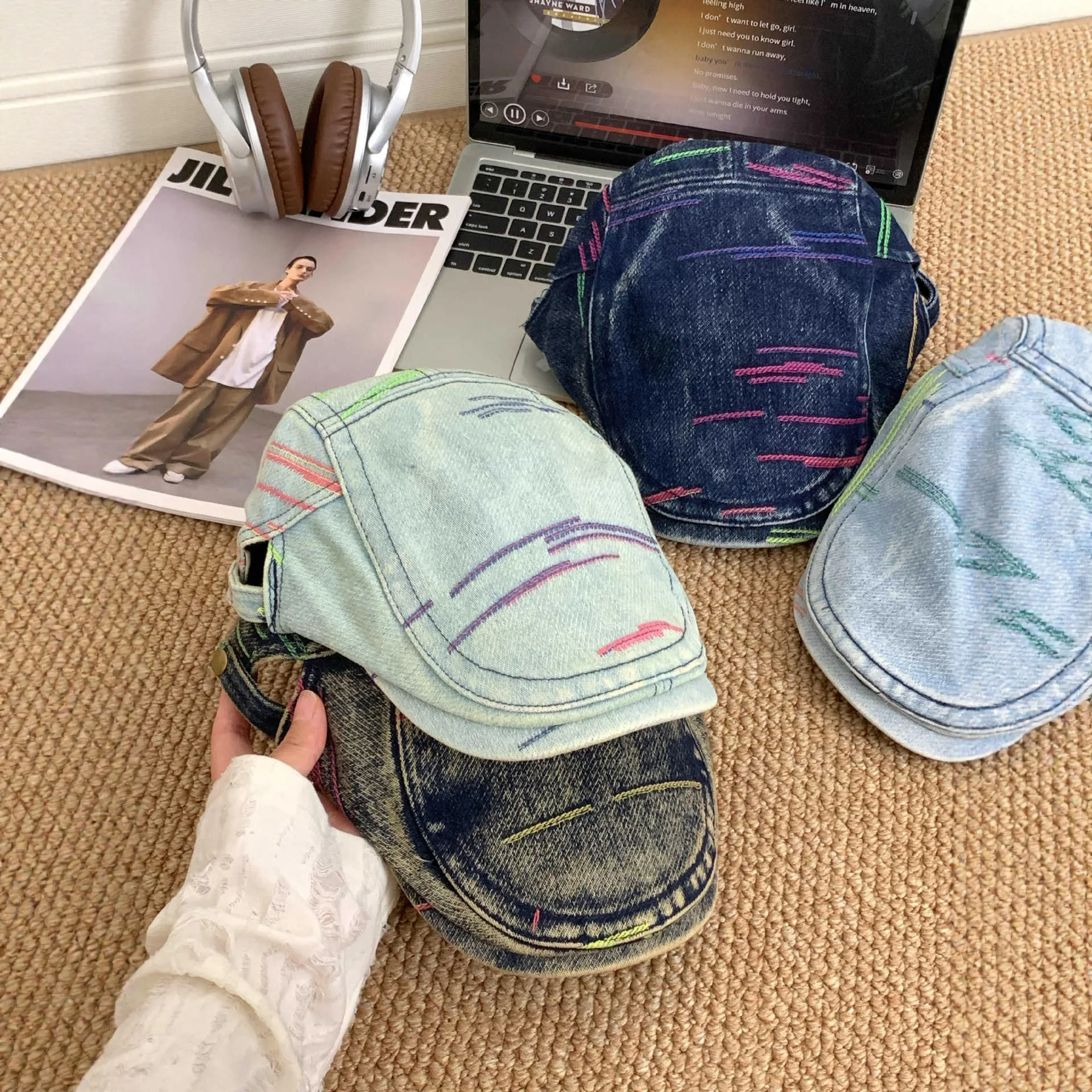 

Wash Jeans Beret Hats for Men Women Quality Casual Unisex Denim Beret Cap Fitted Sun Cabbie Flat Cap