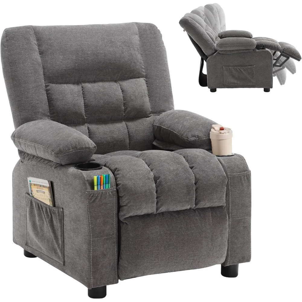 Kids Recliner Chair， Push Back Toddler Recliner with Cup Holders & Side Pockets， Adjustable Footrest & Headrest Kids Sofa