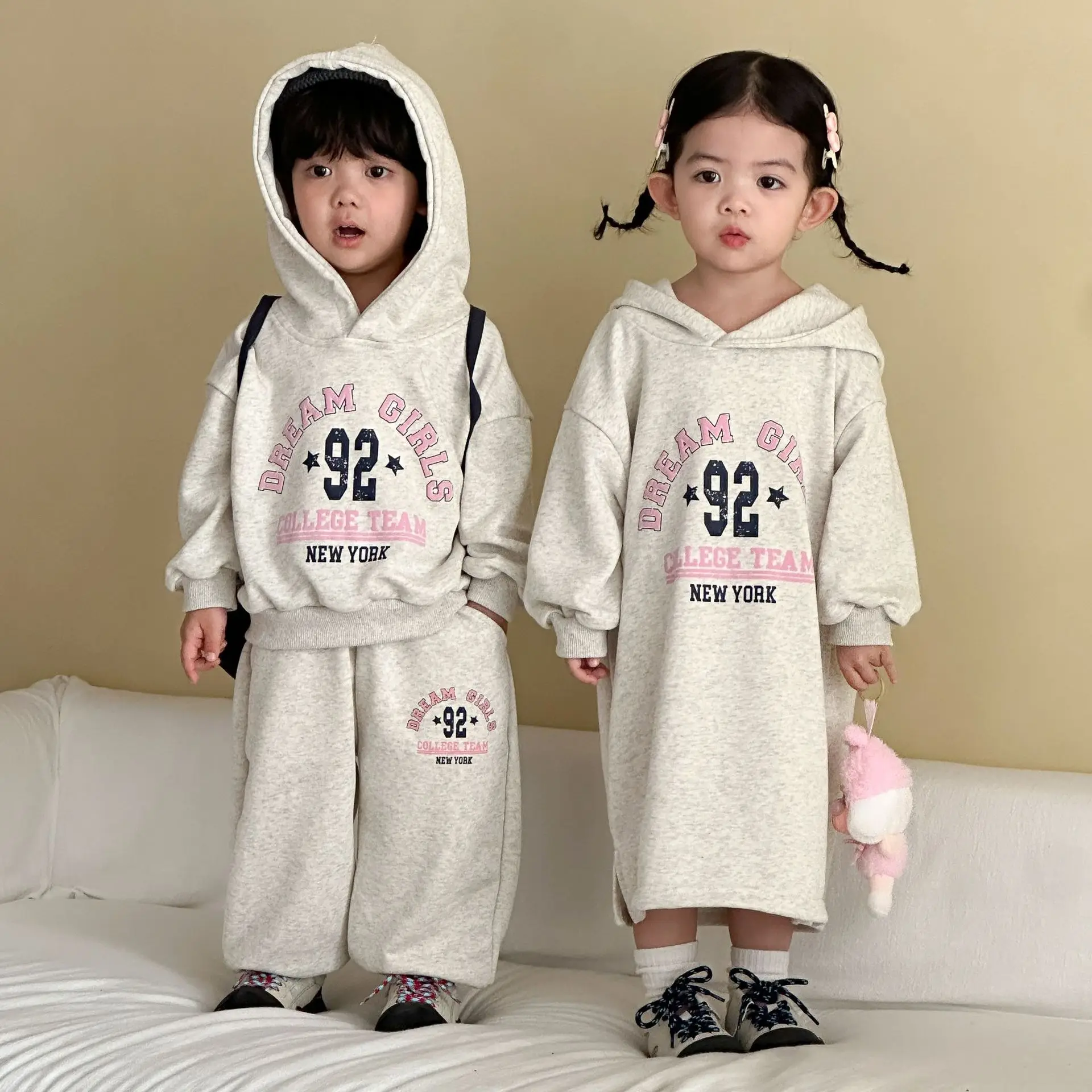 2026 Spring New Children Long Sleeve Clothes Set Boys Hooded Sweatshirt 2pcs Suit Girls Letter Casual Dress Brother Sister Set