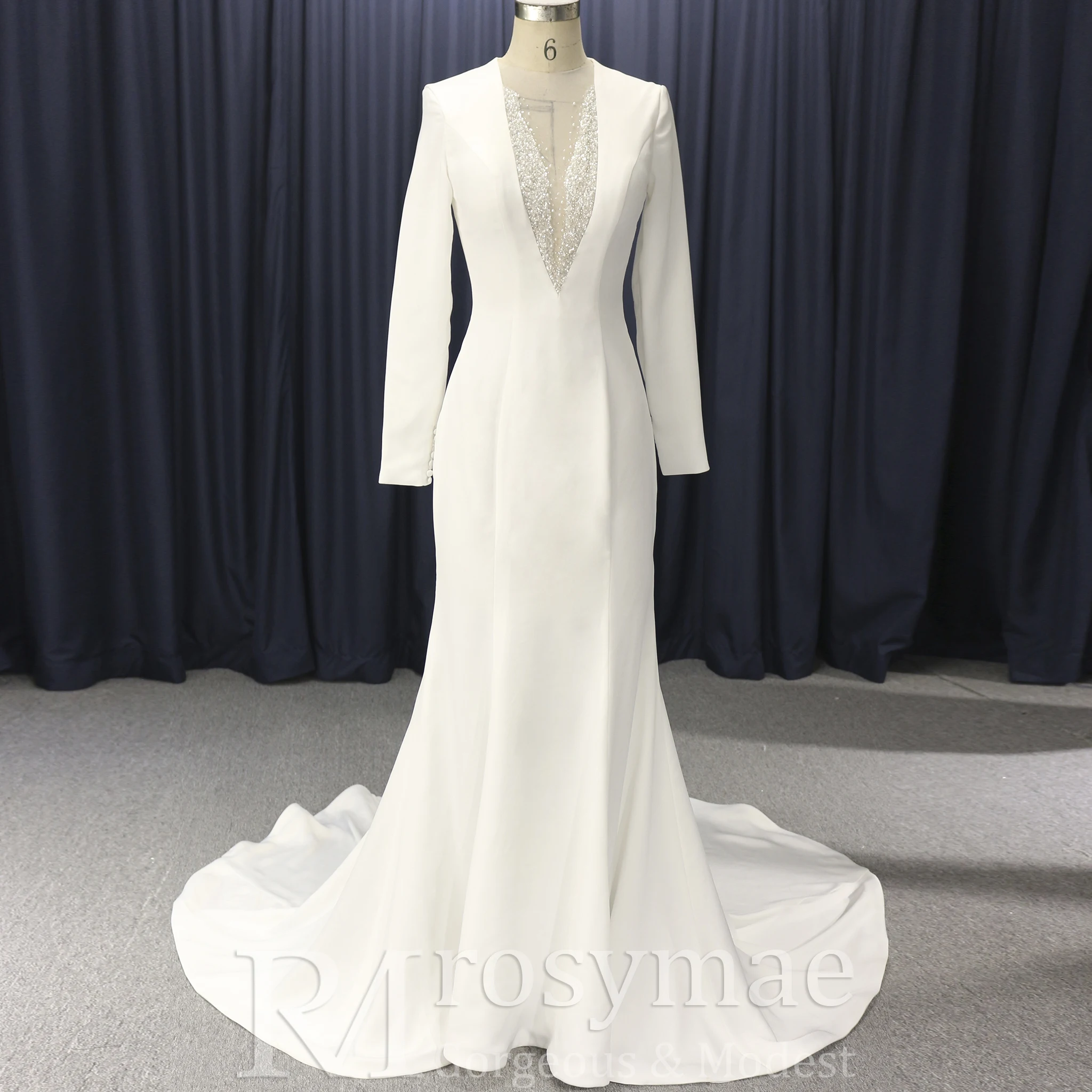 Rosymae zeemeermin satijnen trouwjurk met V-hals en lange mouwen vestido de novias