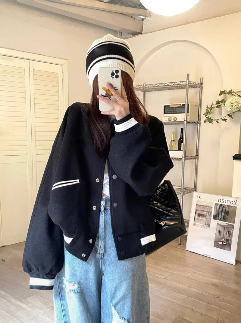 2024 Autumn and Winter College Women's Jacket New Fashionable Loose Contrast Baseball Jacket Top Coat