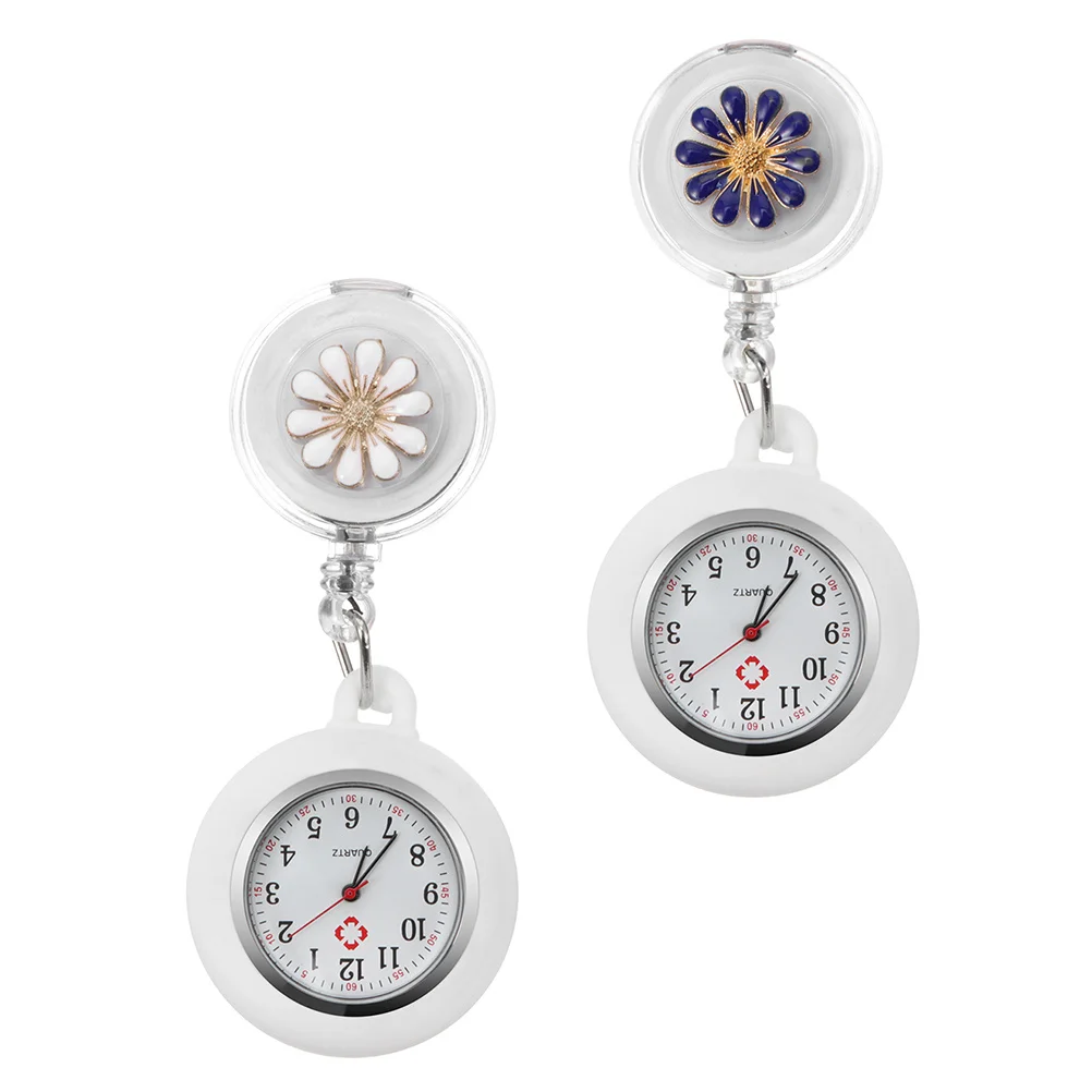 

2pcs Pocket For Nurses Clip- Timepiece Portable Retractable Nurse Watch Flower Pattern Chest Watch Gift For Doctors