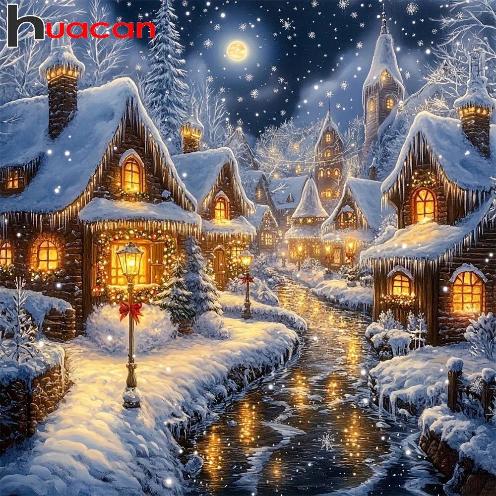 Huacan 5D Diamantmalerei Winterhaus am Fluss Diamantstickerei Landschaft Handgemachtes Geschenk Wanddekoration