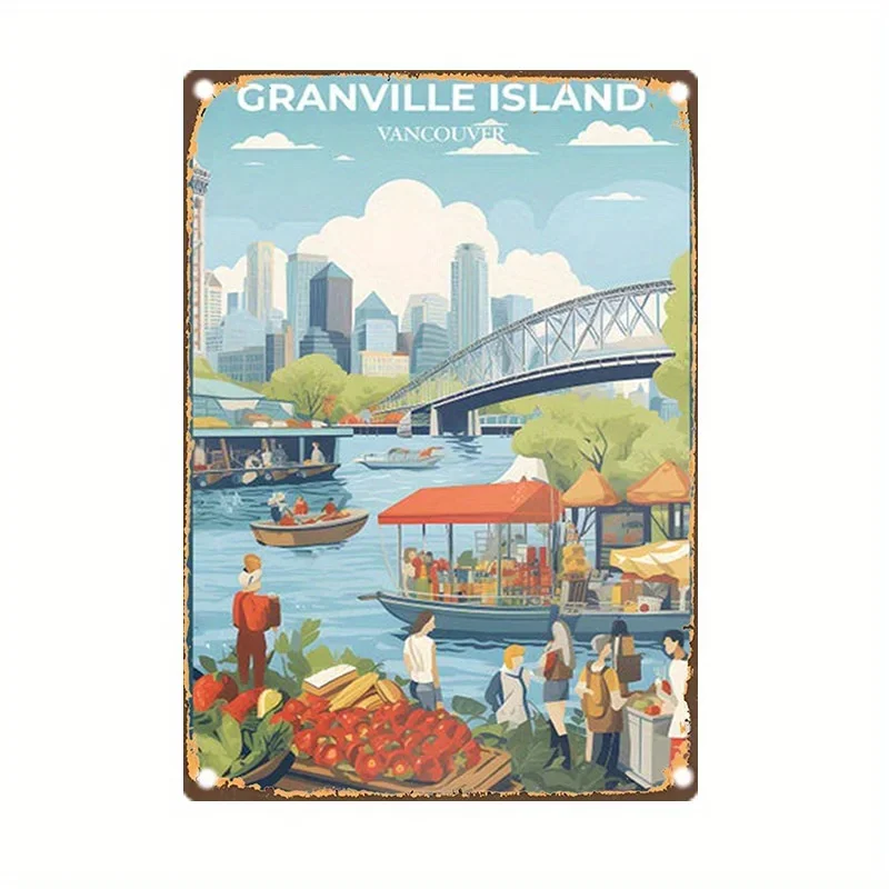 Placa de metal Granville Island Vancouver, decoração de parede artística vintage, decoração para casa, jardim, bar, fazenda, escritório, artesanato em ferro