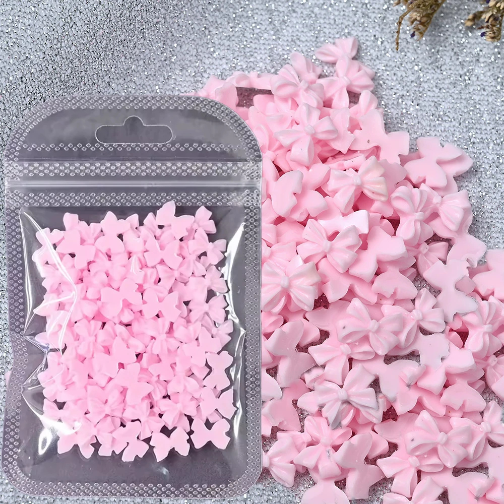 100Pcs Mini Kawaii Pink Bowknot Nail Art Decoration 10*8mm 3D Ribbon Bowtie Nail Ornament Japanese Cute Bow Resin DIY Nail Charm