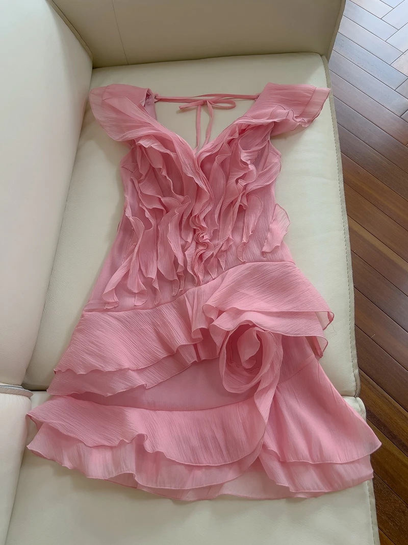 

Розовое летнее платье с высокой талией и расклешенным рукавом, корейский стиль, эффект стройности, для свадьбы и свиданий