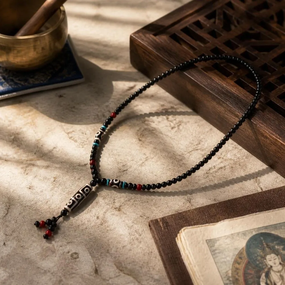 1pcs Handmade Dzi Bead Necklace Elegant Design Boho Style Nine Eyed Dzi Pendant Agate pale gloss Stone Necklace For Women Men