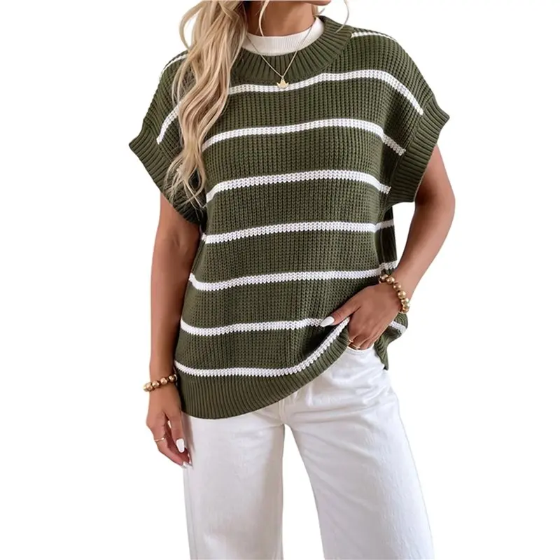 Women's Tank Top Striped Contrast Mock Neck Loose Sleeveless Knit Vest Army Green One Size Eco-Friendly
