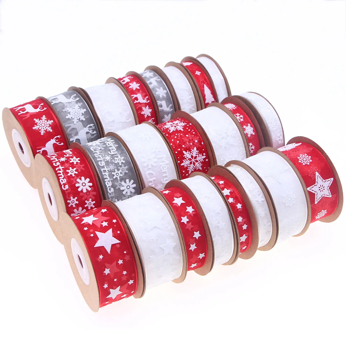10/15/25mm*10m Christmas Organza Printed Snowflake Elk Star Ribbon Stain Webbing Xmas Gift Wrapping Tree Wreath Party Decoratio