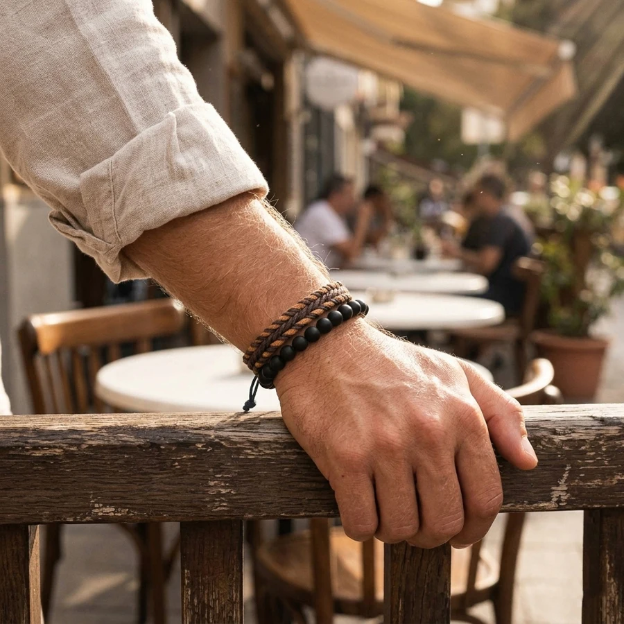 

2 Pcs/set Handmade Black Natural Stone Beads Bracelet Men Weaven Rope Bracelet Jewelry