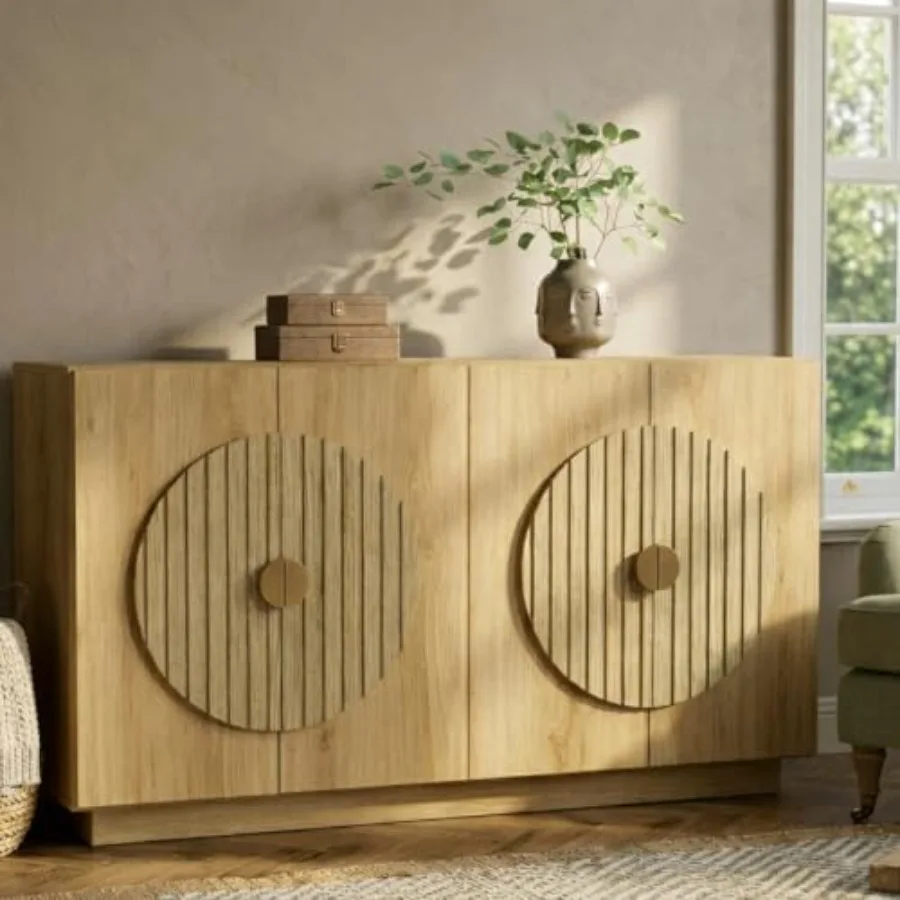 55 Fluted Sideboard Buffet Cabinet for Dining Room, Solid Oak, Natural Wood Tone, Elegant Vertical Grooves and Ample Storage Sp