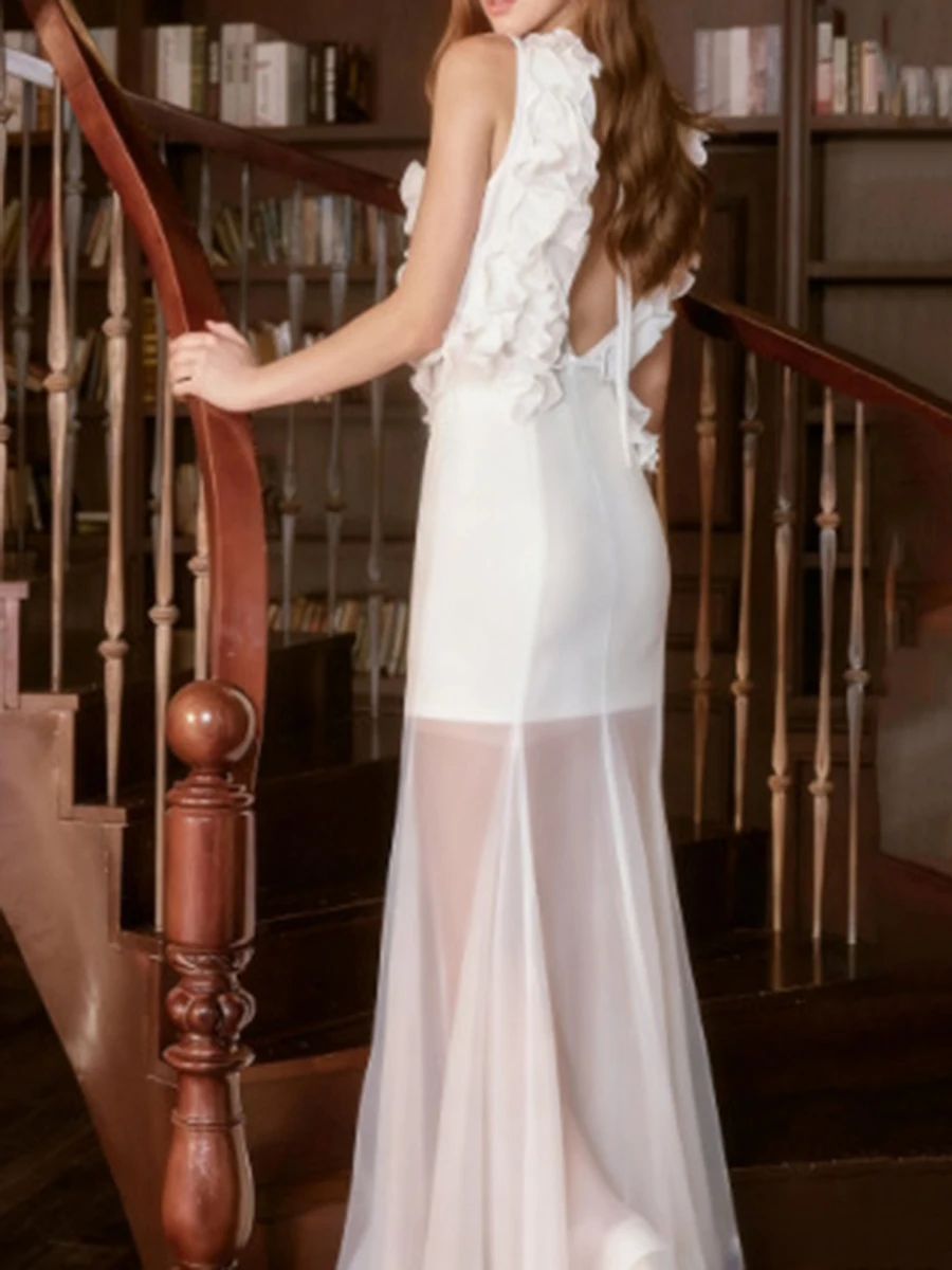TWOTWINSTYLE Wyszczuplające Sukienki z Falbankami i Efektem Marszczeń, Eleganckie Sukienki Damskie z Dekoltem w Serek, Bez Rękawów, Przezroczysta Długa Sukienka, Moda Damska