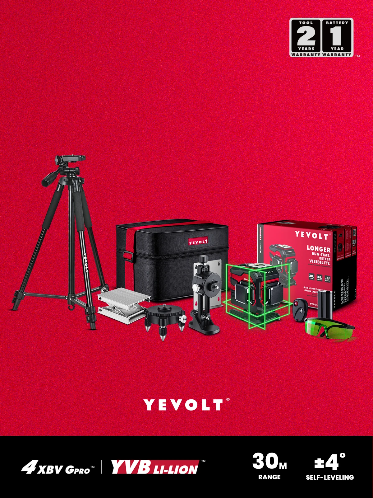 

Лазерный уровень YEVOLT TP-YVGLL4XS12TB2 3-плоский, 12 линий, зеленый луч, дистанционное управление, самонивелирующийся, со штативом 1,5 м, измерительные инструменты