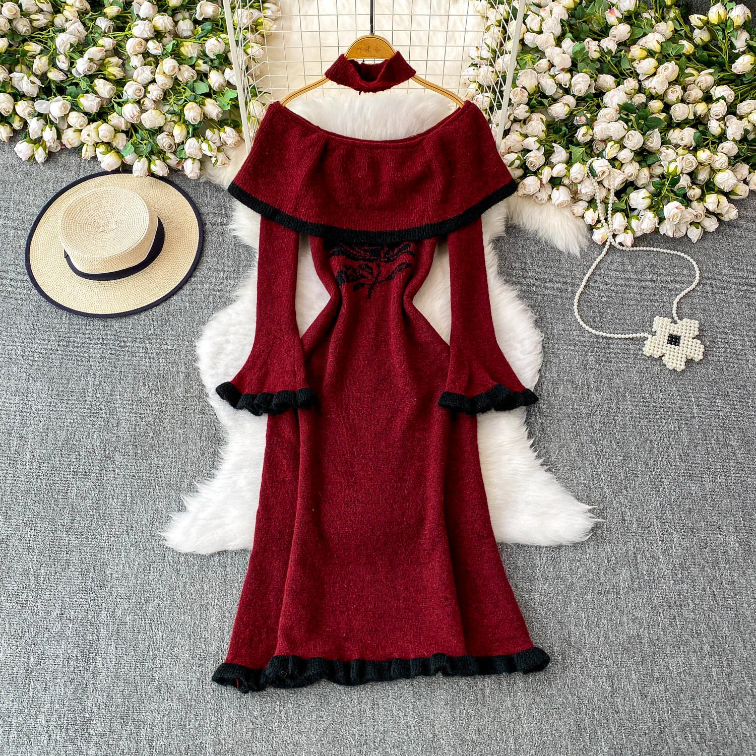 Chic vintage slash neck print dress Elegant Fairy korean fashion Boho Sundress Beach women clothing dress