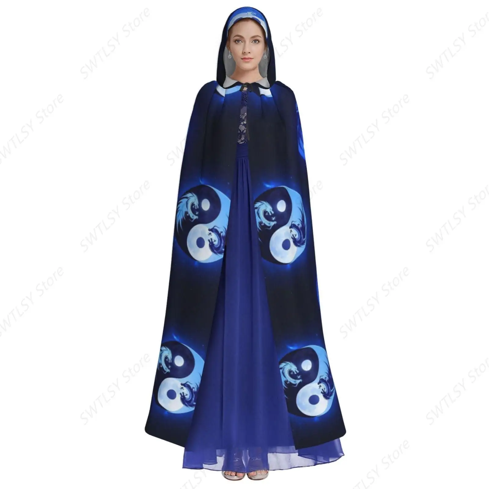 Costume Wizard Cape Compatible with Full And Eclipse Moon Dragon Ying Yang Art for Women Men Robe Hooded Cloak Cosplay