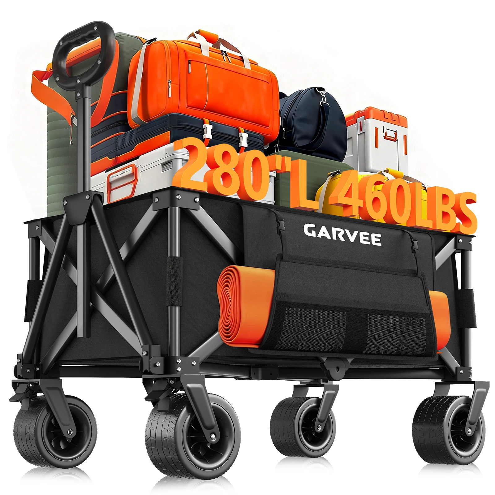 Heavy Duty Collapsible Folding Wagon Cart - 200L 460-500 lb Capacity - 360° All-Terrain Wheels - Adjustable Handle, Side Pocket - for Camping, Beach & Shopping