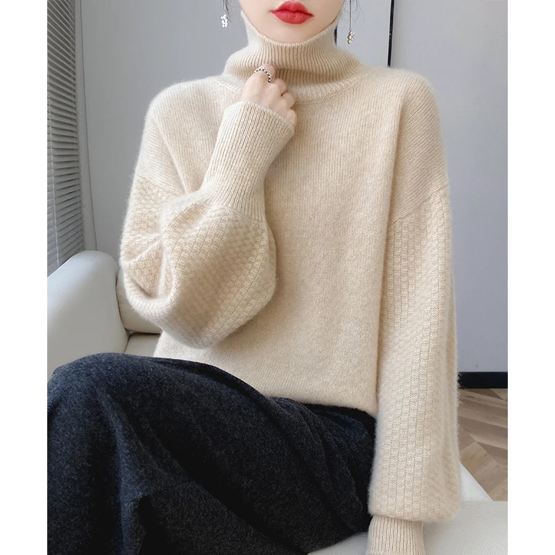 New women\'s sweater in autumn and winter 100% merino wool sweater turtleneck cashmere sweater 7-pin thick warm casual top.