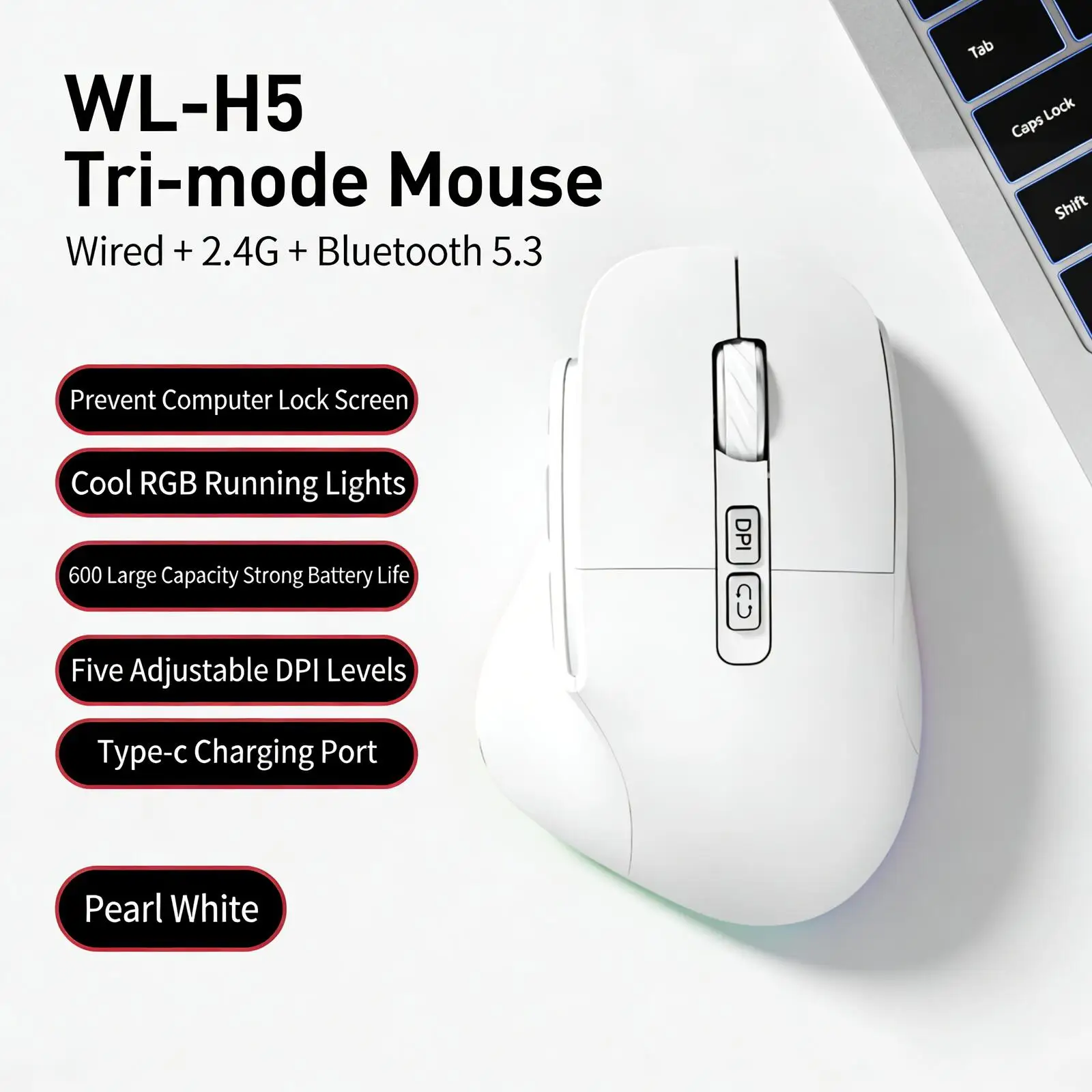 Tri-mode Ergonomic Mouse Wired Wireless 2.4G Bluetooth Rechargeable RGB Breathing Light Keep Computer Awake Mice For PC Laptop