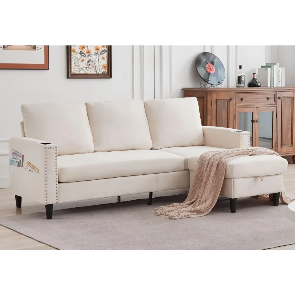 Sofás seccionales convertibles, sofá en forma de L de 3 asientos con otomana de almacenamiento y portavasos, sofás pequeños para apartamento, oficina