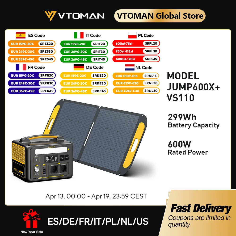 VTOMAN JUMP600X inclusief 110W zonnepaneel, 600W 299Wh LiFePO4 draagbare krachtcentrale met zonnelader voor kamp