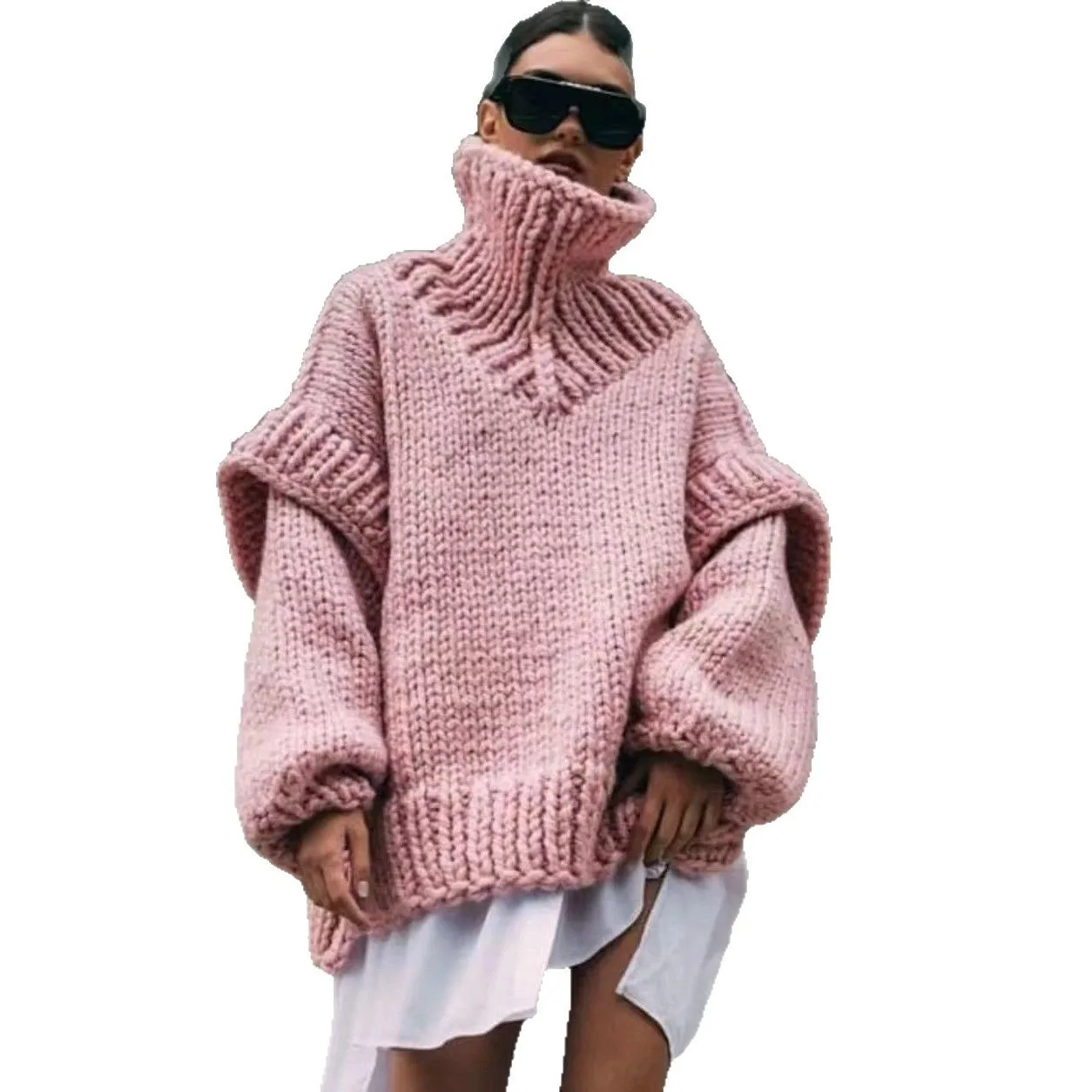 

2025 New Fashion Half Turtle Neck Puff Sleeve Knitted Sweater Women Winter Casual Loose Solid Color Long Sleeve Top Women