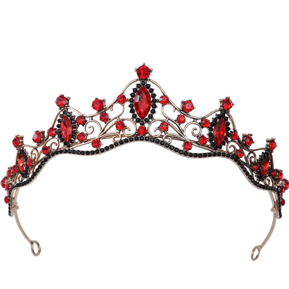 DIEZI Baroque Vintage Red Crystal Tiara Crown Girls Party Korean Simple Bridal Bride Rhinestone Crown Hair Dress Accessories