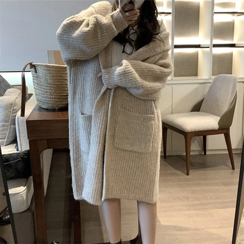 

X2087 Autumn Winter Casual Knitted Cardigan Women's Mid Length Pockets Long Sleeve Knitwear Hooded Sweater Coat
