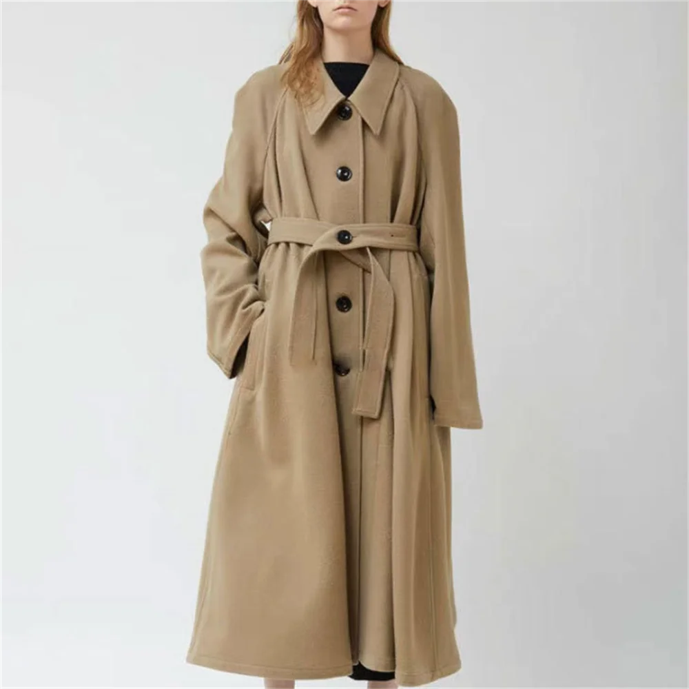 Loose belted waist POLO neck wool woolen cloth jacket winter long woolen coat