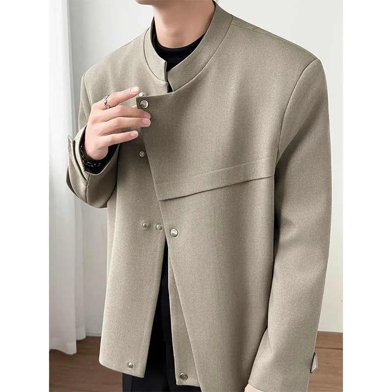 2026 Spring Stand Up Collar Shoulder Padded Casual Jacket Men Fashion Loose Business Irregular Access Control Design Jackets