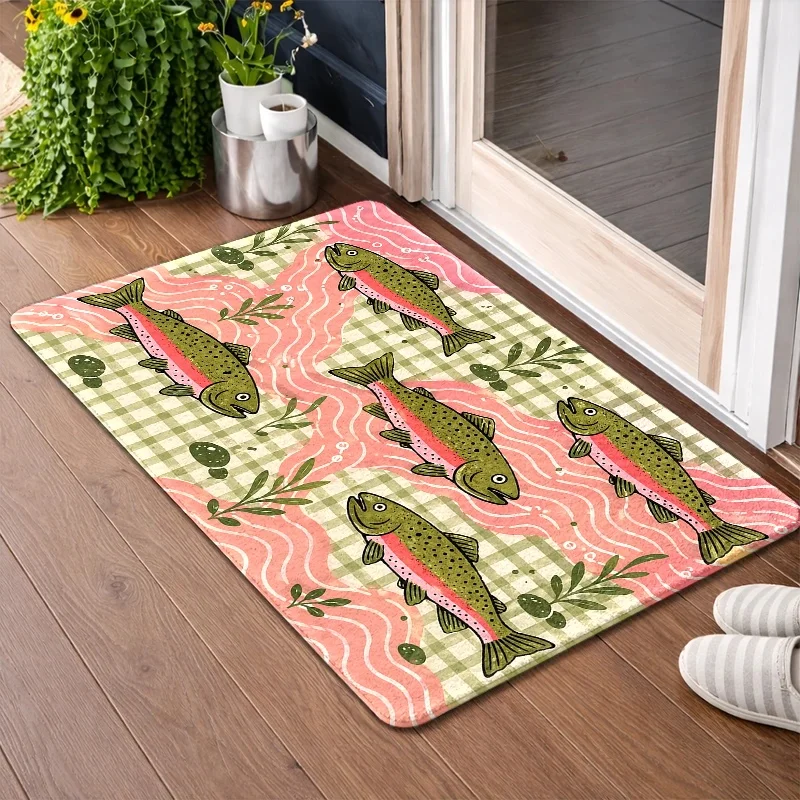 Colorful Fish Print Rug Mat Runner Home Decor Cottagecore Style Bathroom Kitchen Mat Waterproof Greenery Trout Pattern Living Ar