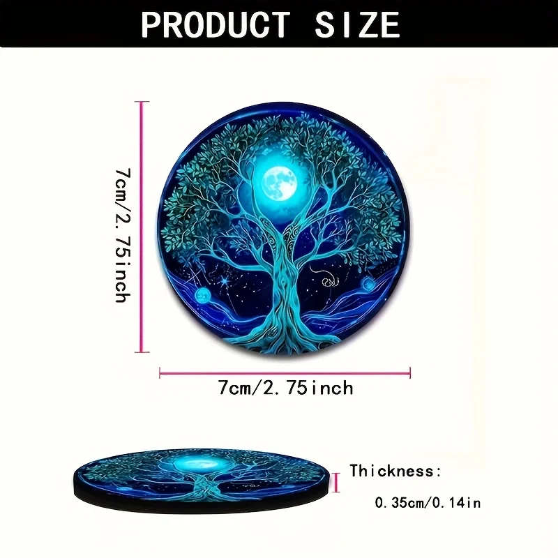 Tree of Life Car Cup Holder Coasters, Blue Glowing Tree Design Rubber Cup Mats, Washable Auto Accessories for Vehicle Cup Holders - Spiritual Lake Scenery Home Decor