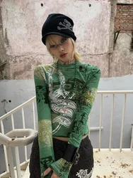 Y2k Aesthetic Sexy Streetwear Mesh Crop Tops Streetwear Green Printing Gothic T-shirt Women Harajuku Fairy Grunge Tee Shirts