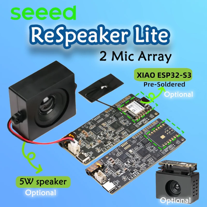 ReSpeaker Lite 2 Mic Array ESPHome Assistant XIAO ESP32S3 Pre-soldered/Mono Enclosed Speaker-4R 5W/Acrylic Enclosure Optional