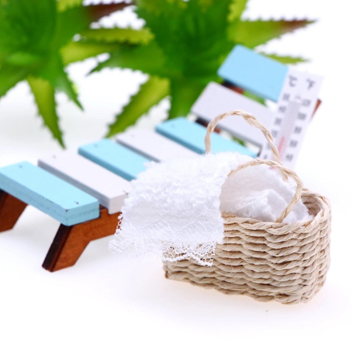 Dollhouse Miniature Wooden Beach Chair Chaise Simulation Thermometer Mini White Sauna towel Raffia Basket Micro Scene Cake Decor