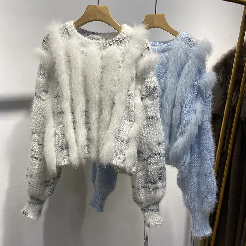 Camisola oversize colorida Real Fox Fur tricotada para mulheres, guarnição de pele solta, primavera