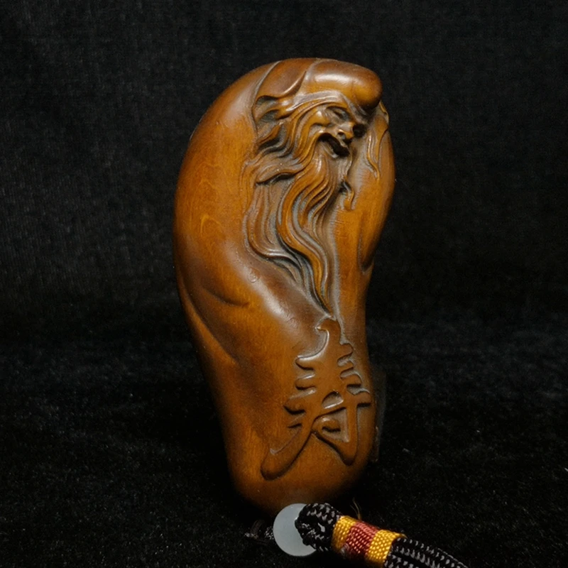 YIZHU CULTUER ART Size 3.2 Inch Old Chinese Boxwood Wood Hand Carved god of longevity Buddha Figurine Statue Netsuke Collectable