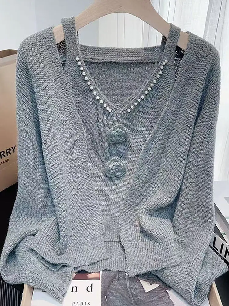 

Sweet Youthful Embroidered Knitwear Top Set Pearlescent Early Autumn Open Cardigan Soft Casual Loose Fit Long Sve