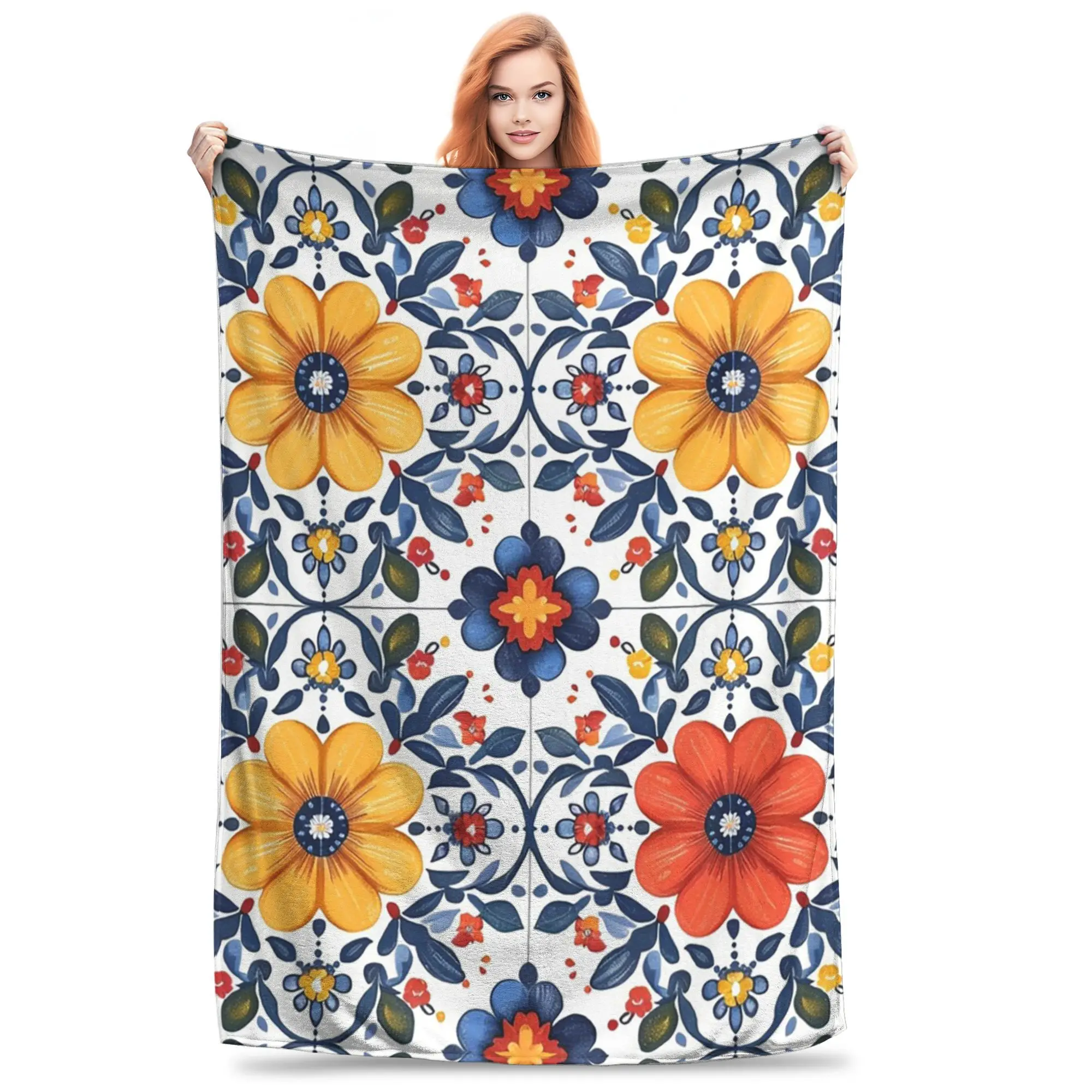

Flannel Throw Blanket Colorful Portuguese Tile Warm Plush Blankets Soft Bedspread for Bed Living room Home Travel Sofa