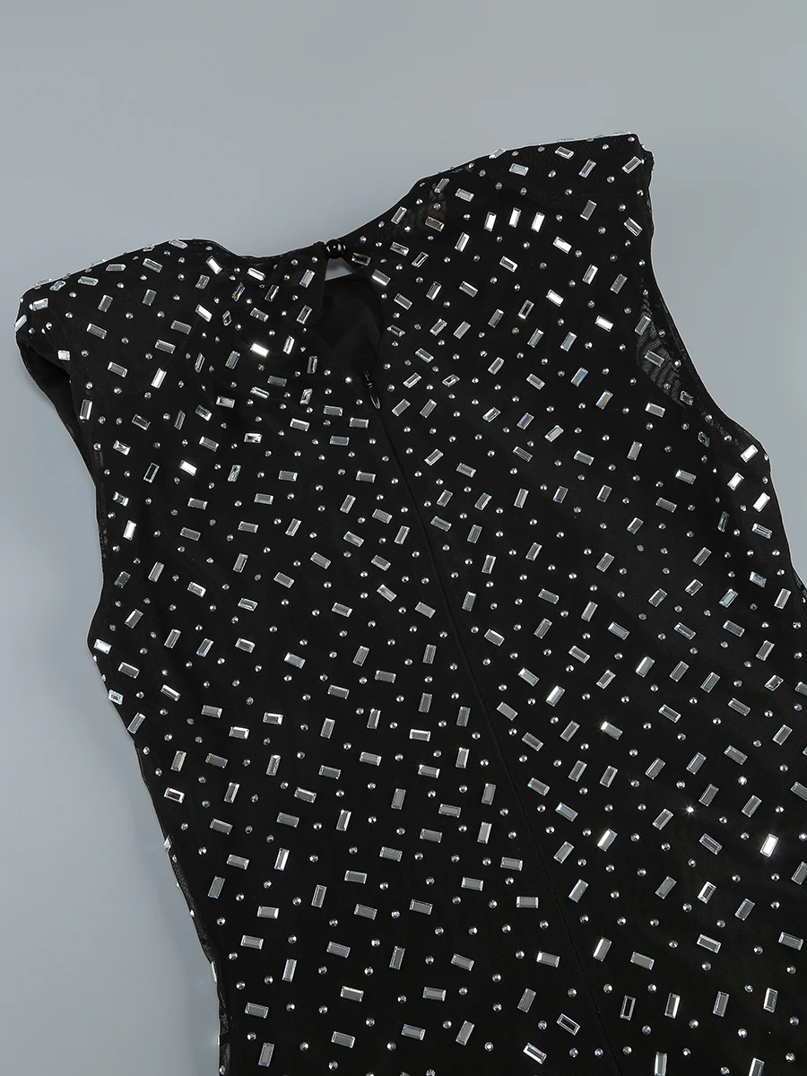 Vrouwen Luxe Heldere Kristallen Mesh Jurk Zwart Mouwloos Uitgesneden Enkellange Een Stuk Celebrity Eevning Club Party Jurken Gast