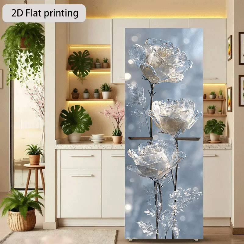 [2D Flat Printing] Refrigerator Sticker Ice Crystal Rose Three Branches Theme Design Wall Sticker Decoration Wallpaper Self-Ad